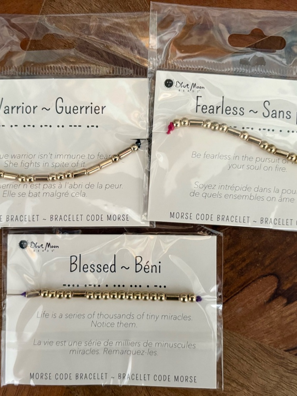 Blue Moon Morse Code Bracelet Trio — Fearless, Warrior, Blessed NEW